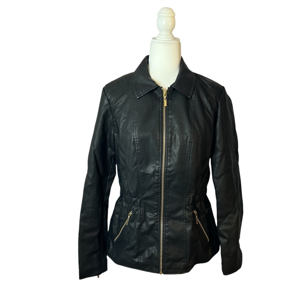Baccini Black Faux Leather Jacket Women’s Size Medium Moto Style Zip Front